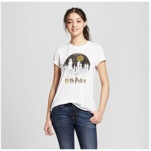 Harry Potter Hogwarts T Shirt White with Gold Embellishment Size L Warner Bros.